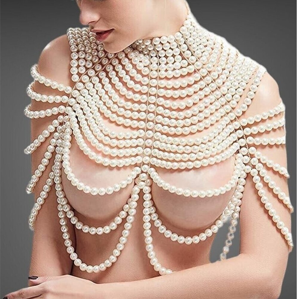 Jewelry Accessory Layered Ivory Gold Synthetic Big Pearls Necklaces Body Chains - Picture 5 of 16
